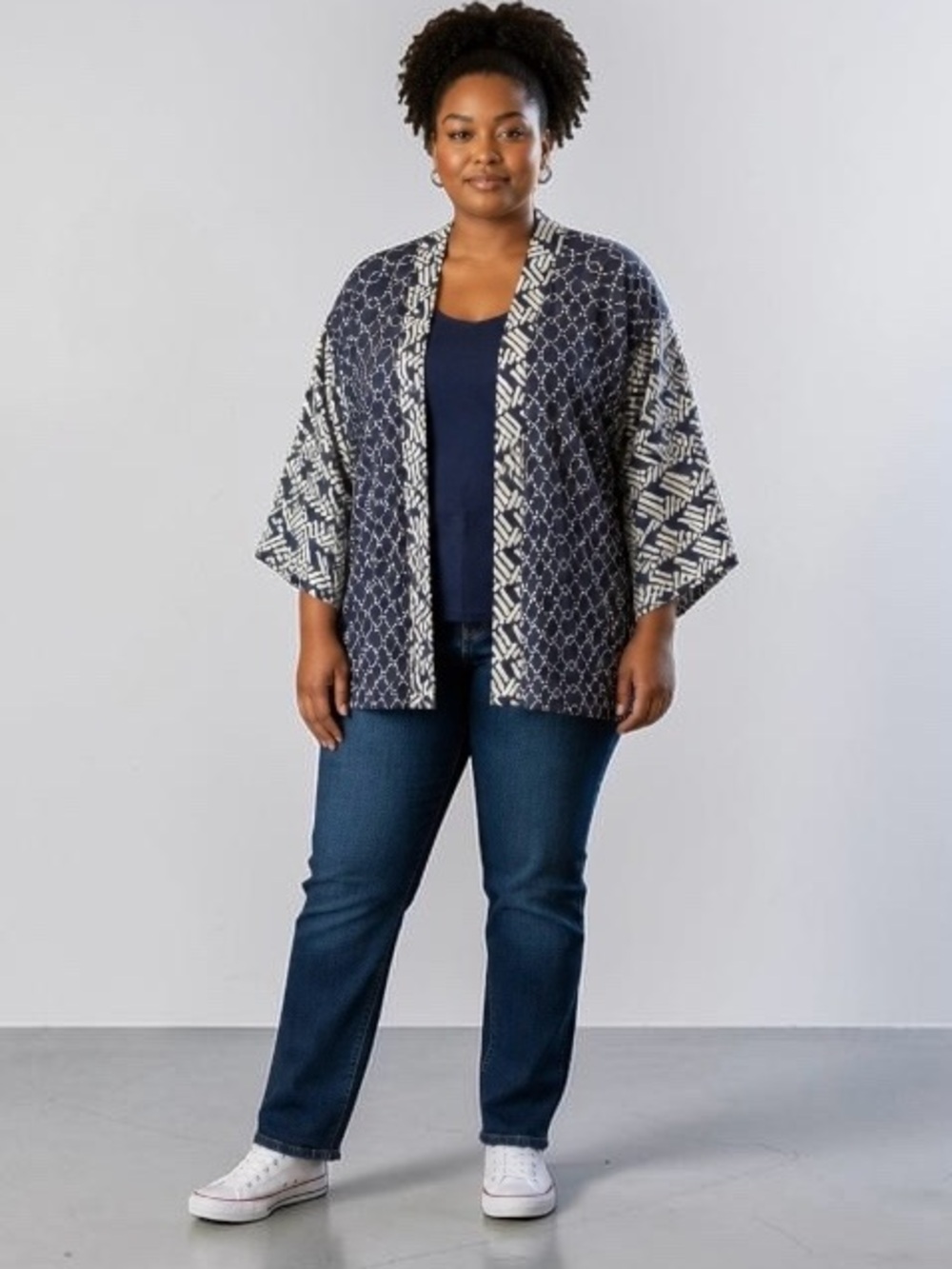 Pennington’s Blue and White Embroidered Kimono Cardigan, 4X